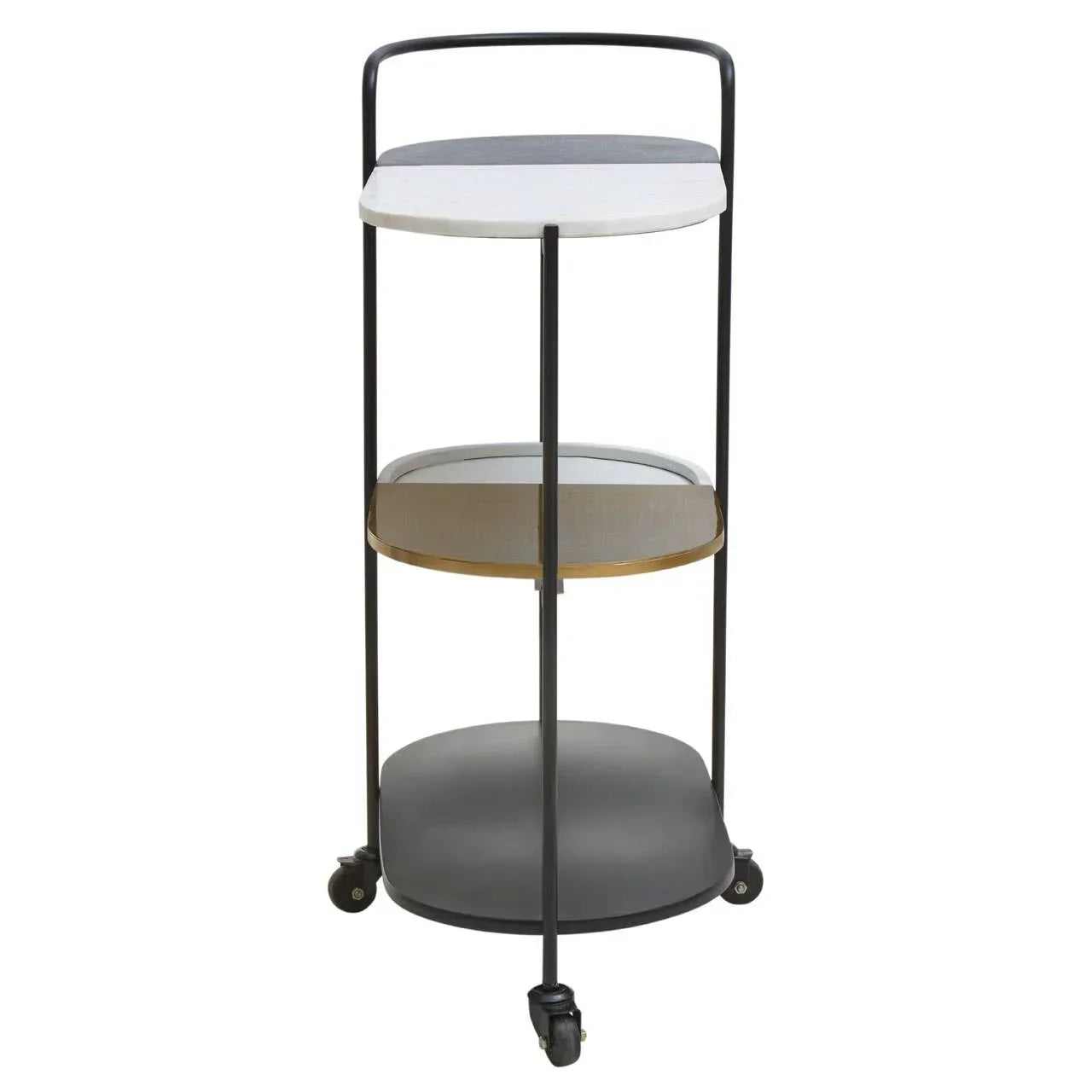 Modern drinks trolley with three shelves, black frame and castor wheels, front view
