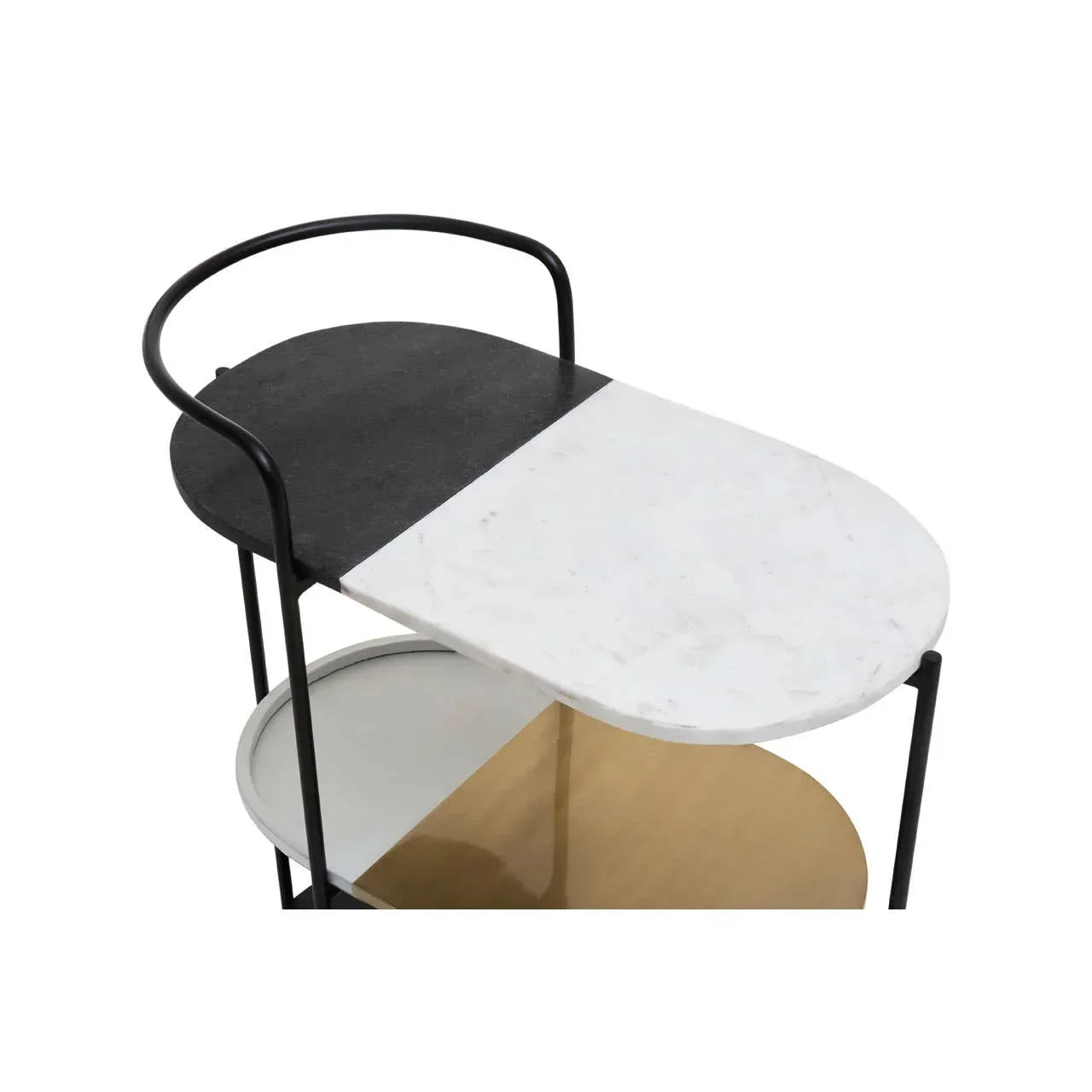 Two tier marble side table with black, white, and gold surfaces and metal frame