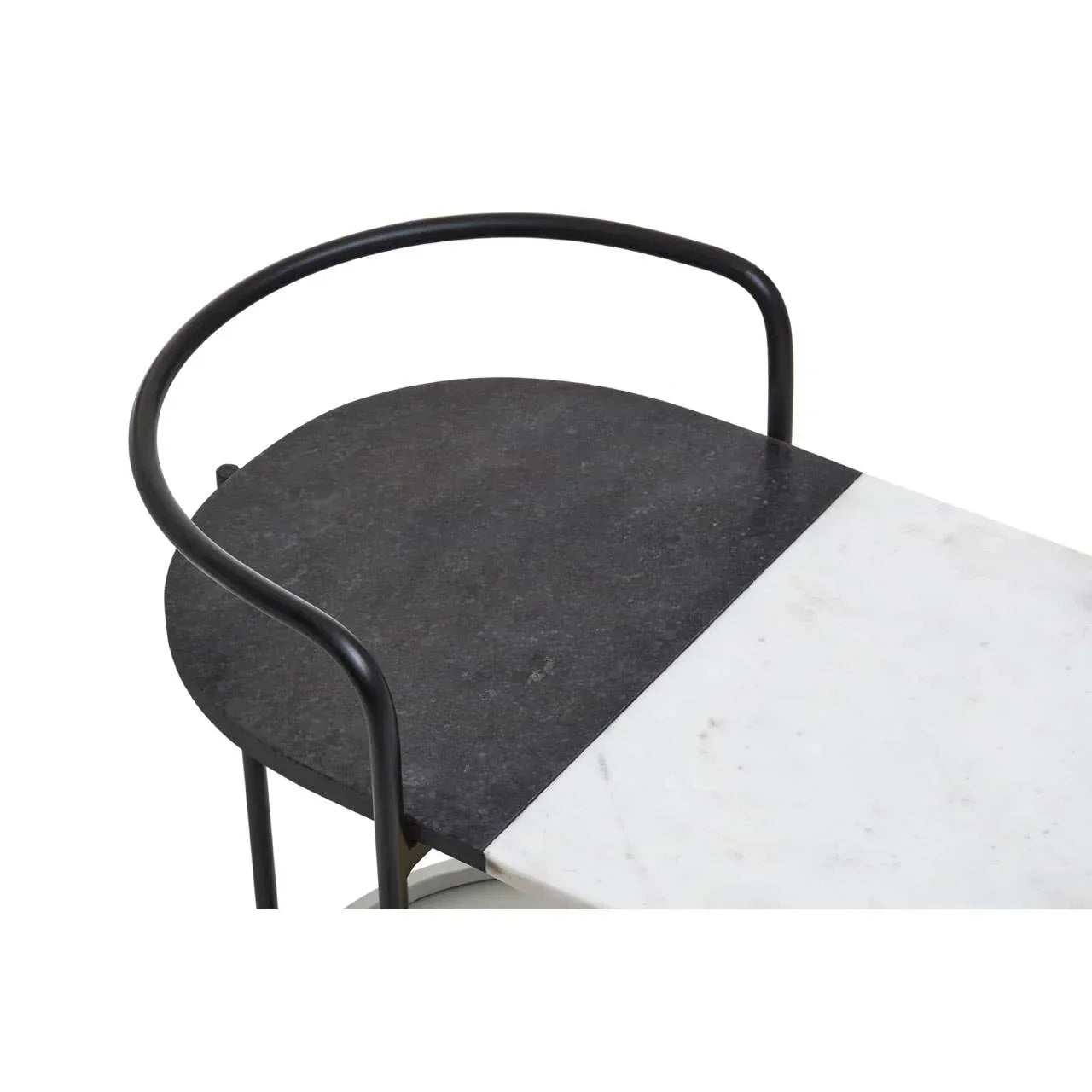 Black and white marble side table with metal frame, close-up of tabletop