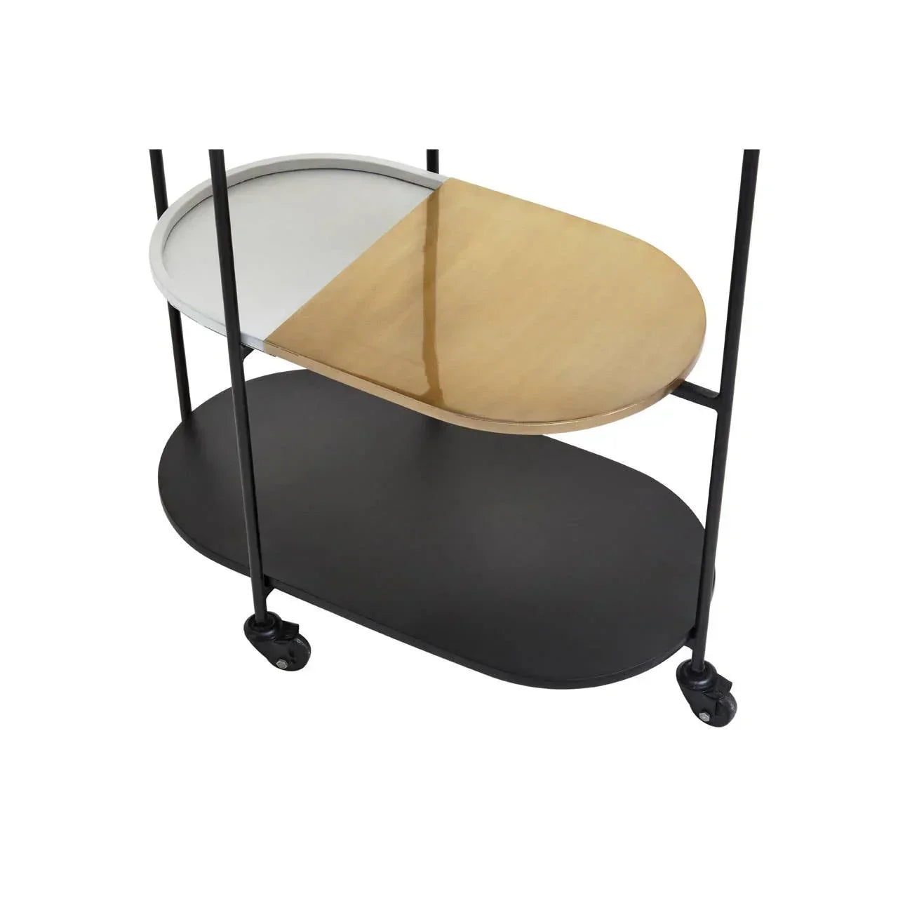 Modern oval bar cart with gold and white top shelf, black frame and wheels, lower black shelf