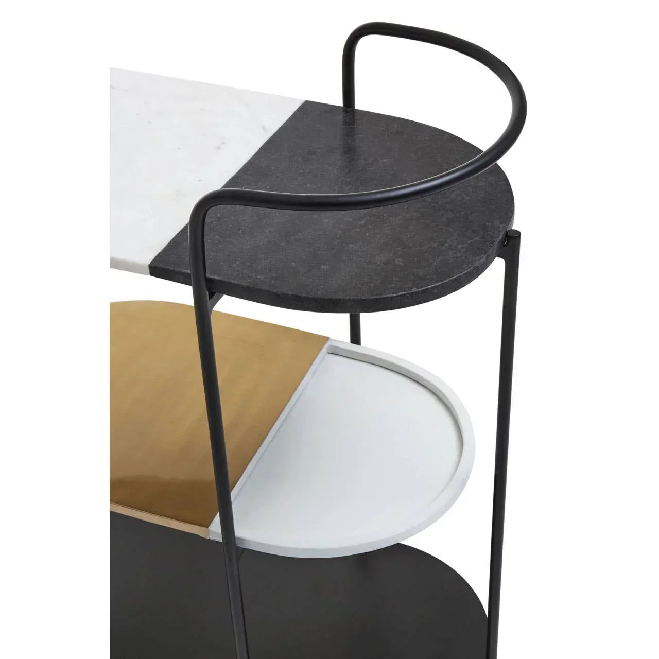 Modern oval side table with black, white, and gold shelves and slim black metal frame