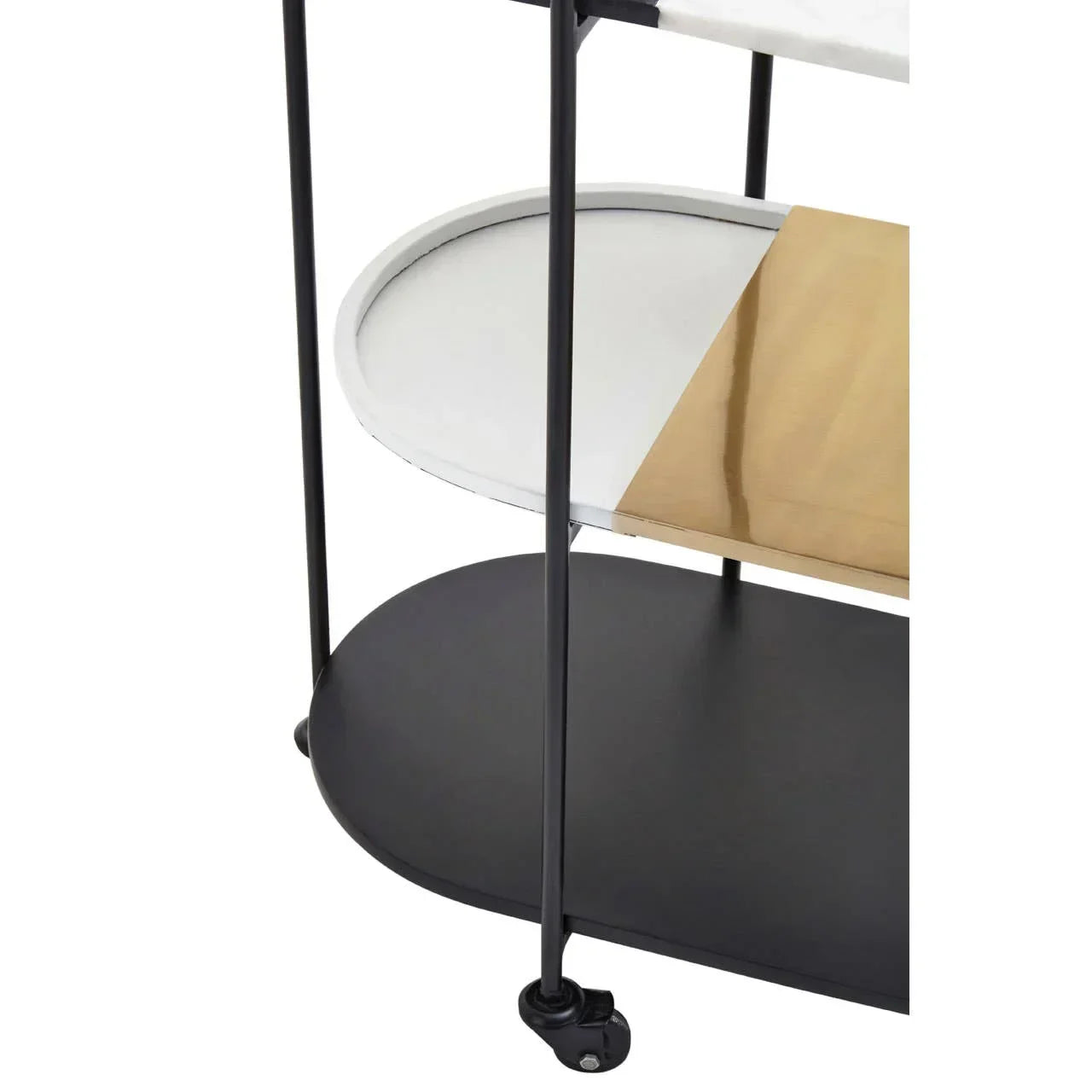 Three-tier drinks trolley with black frame, gold accent shelf, marble and matt black tiers