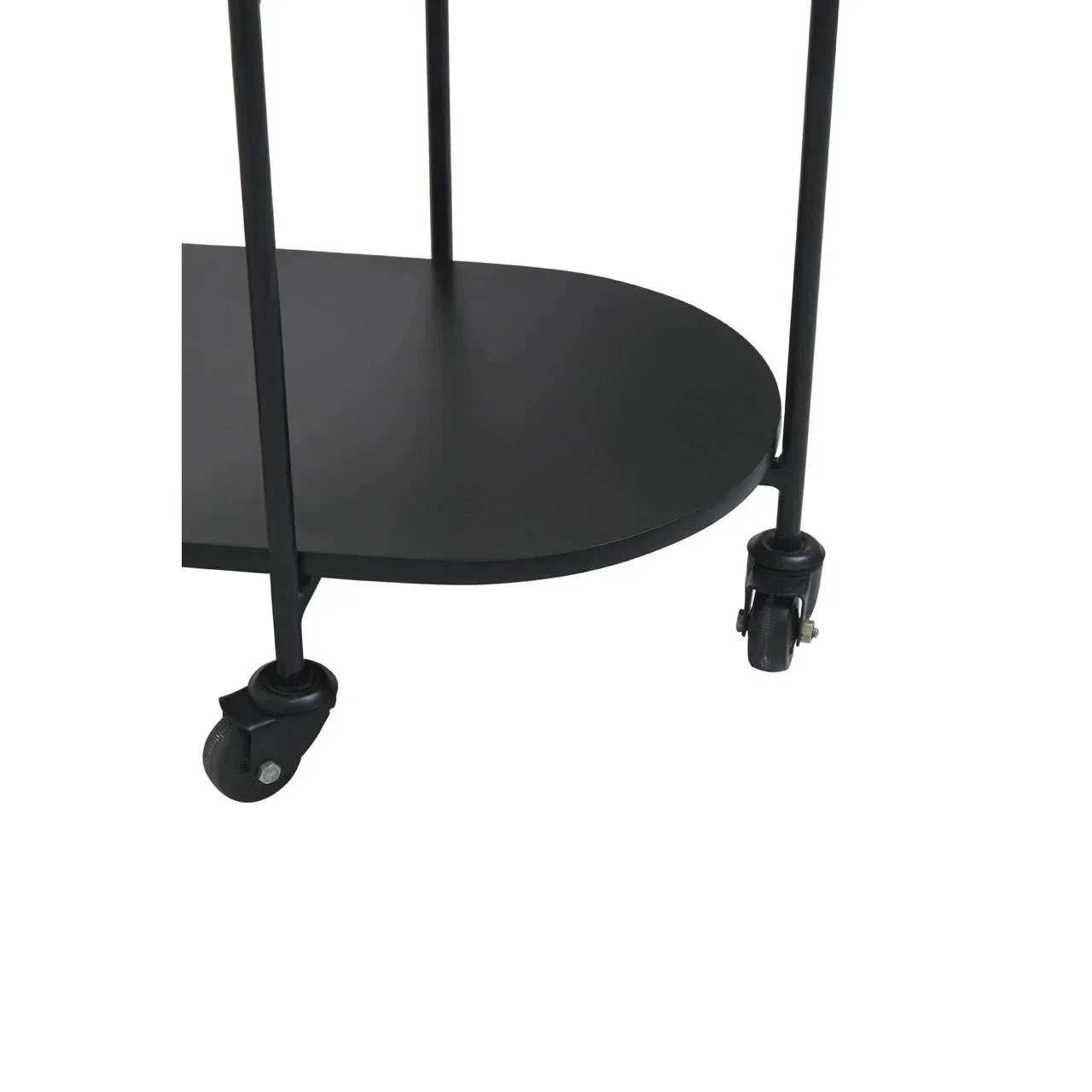 Black metal bar cart with lower shelf and swivel caster wheels close-up
