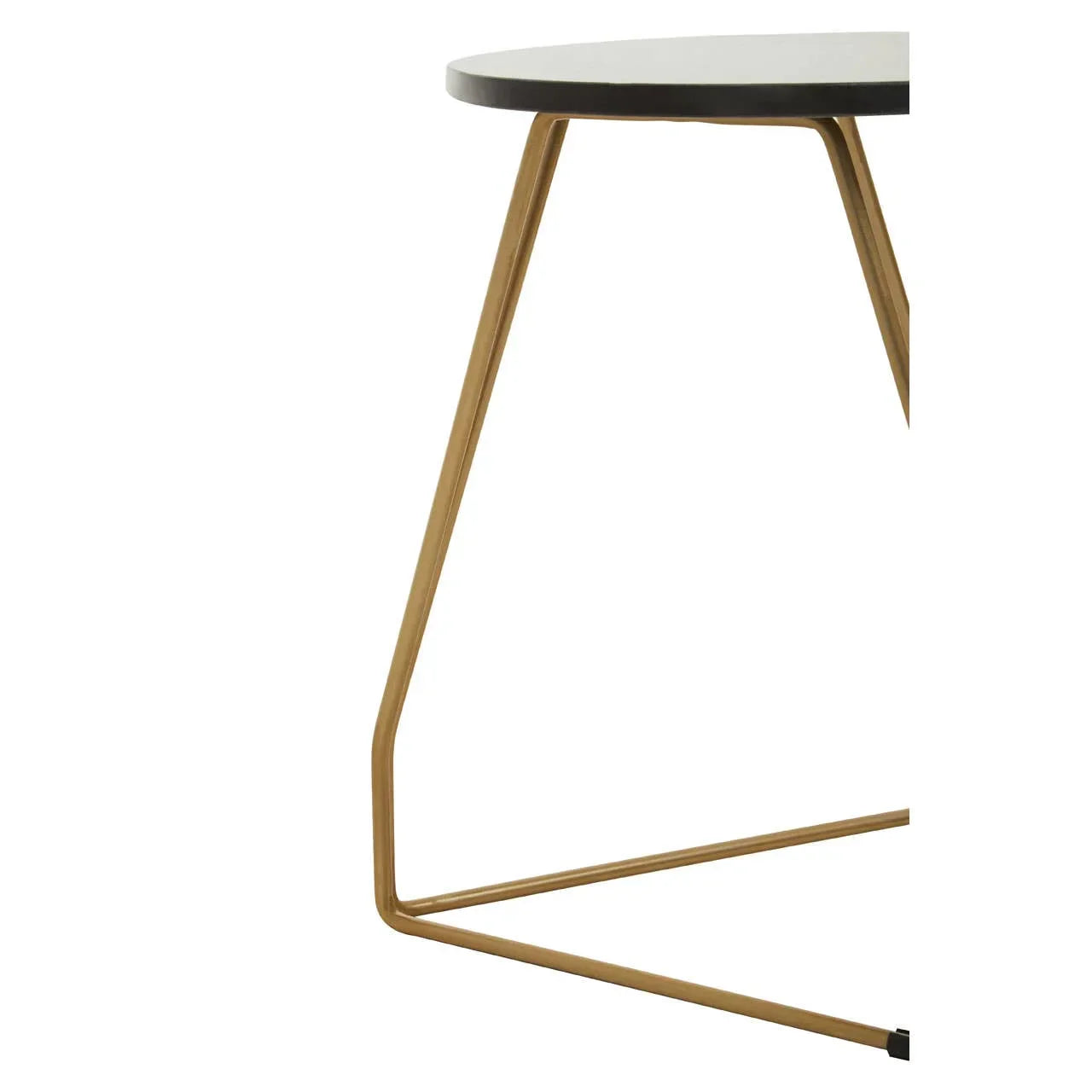 Round side table with gold metal frame and black top, partial close-up view