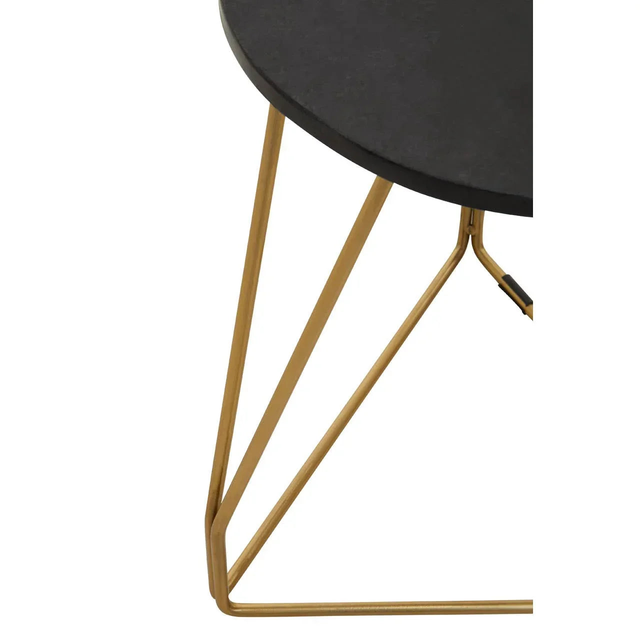 Black round side table with gold metal legs, closeup of frame and tabletop