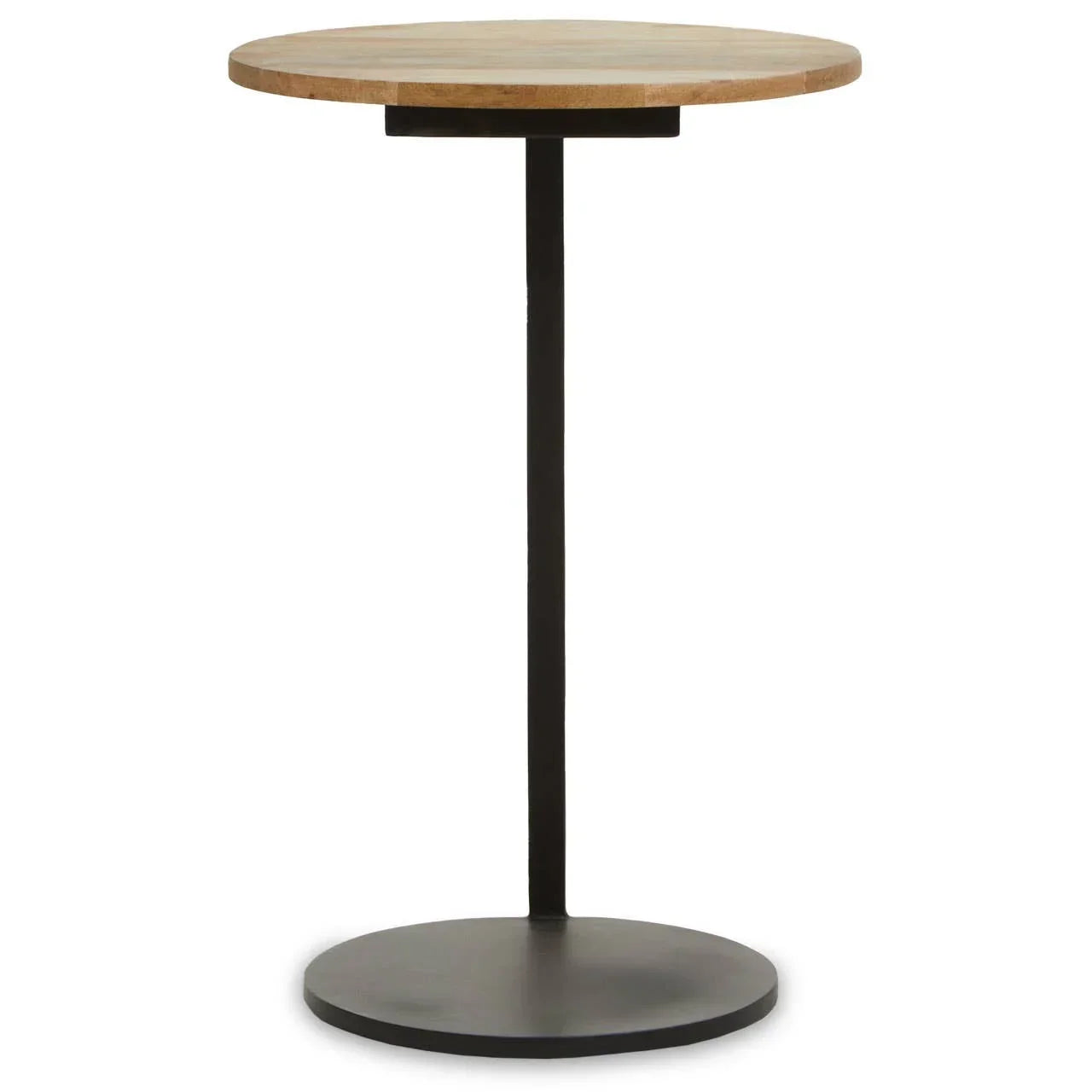 Round wood top side table with slim black metal base on white background
