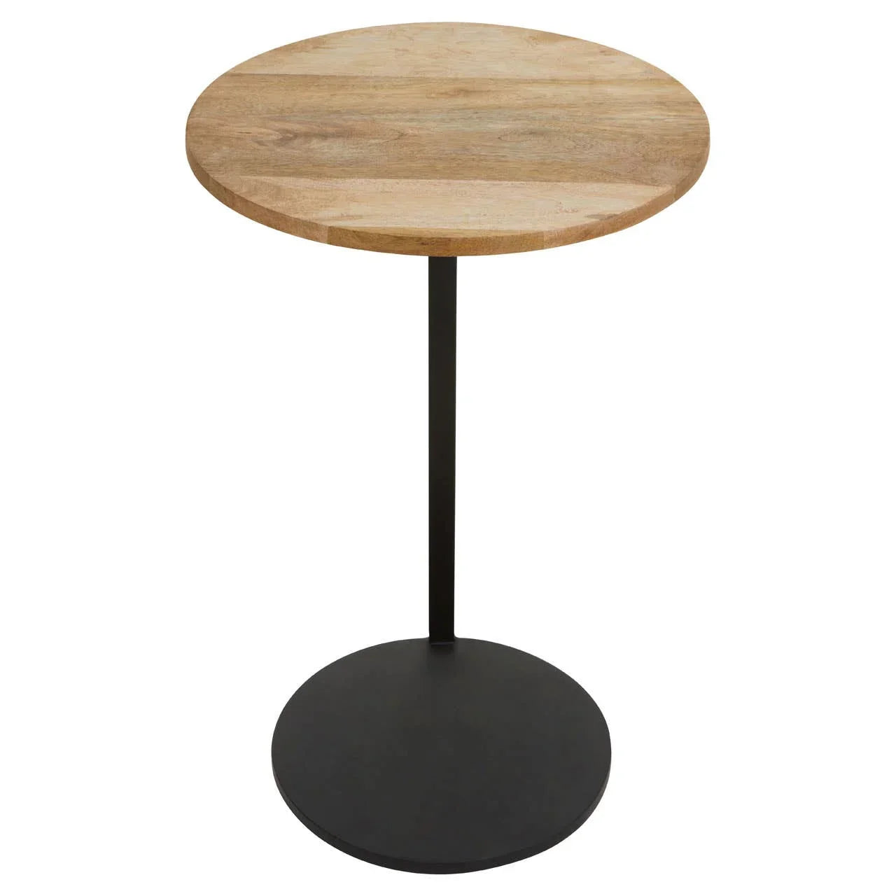 round wooden side table with black metal base and slim support