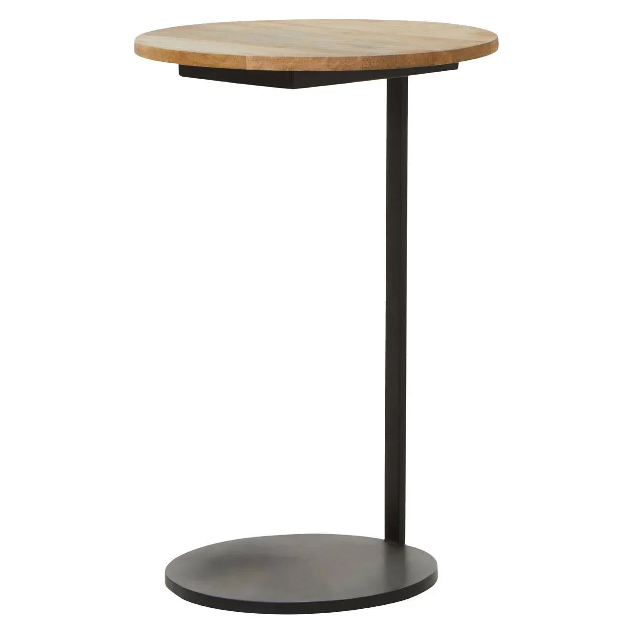 Round side table with light wood top and black metal base, minimalist modern design