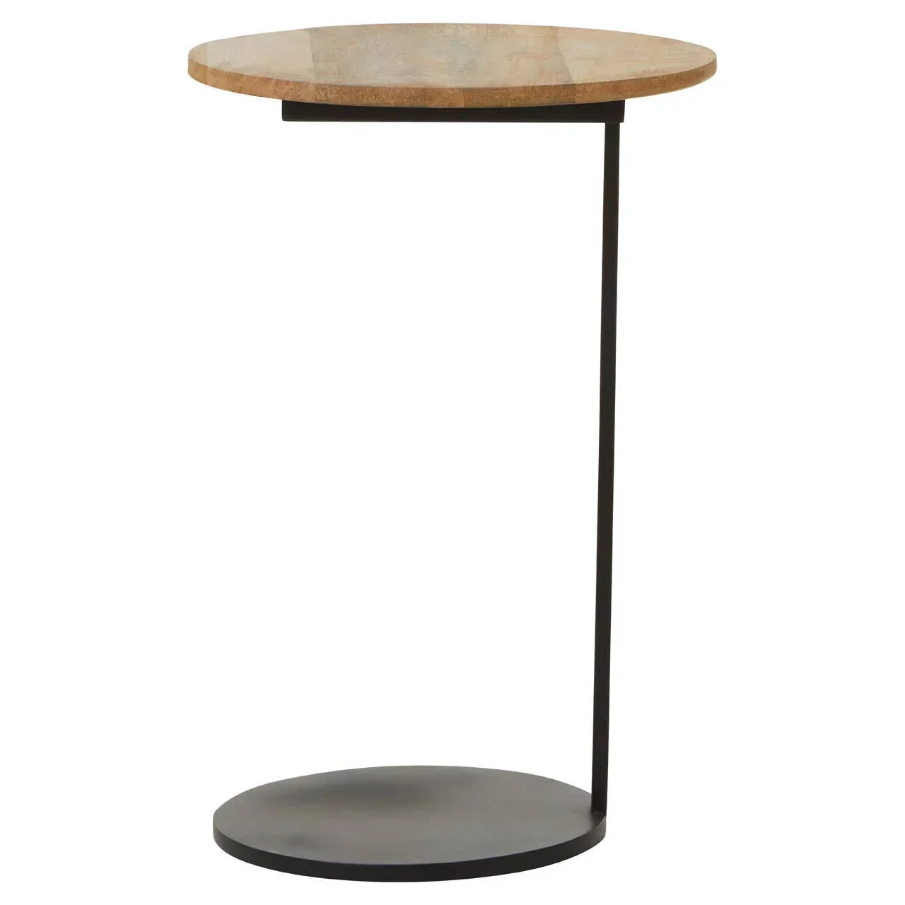 Round side table with natural wood top and black metal base, modern minimalist design