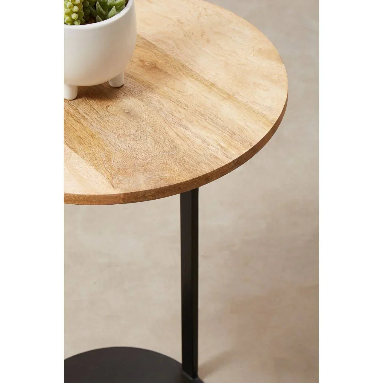 Round wooden side table with black metal legs and a small plant pot on top