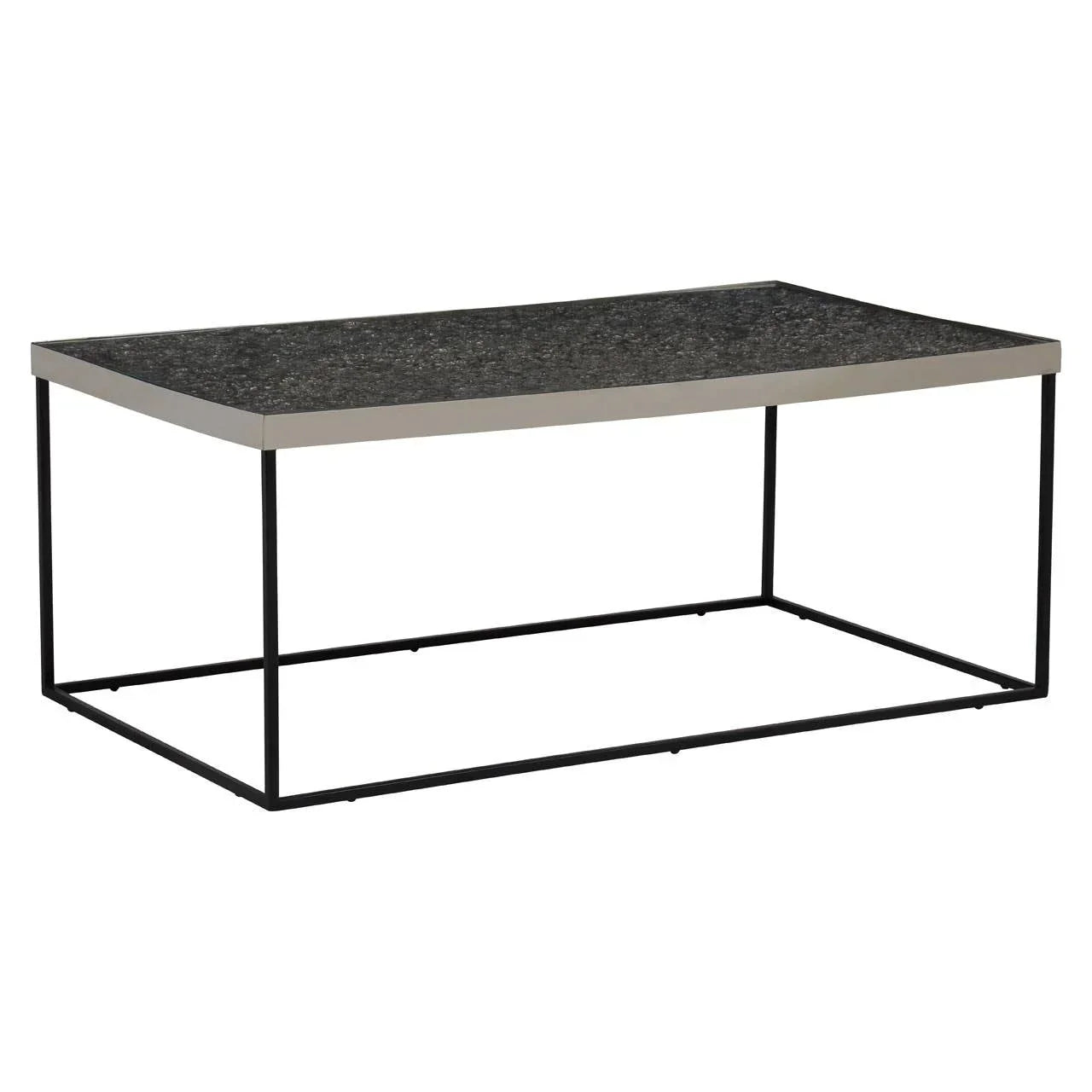 Black rectangular coffee table with stone-effect top and slim metal frame