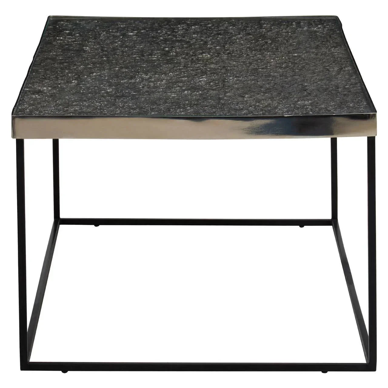 Modern square coffee table with textured black metal top and open steel frame base