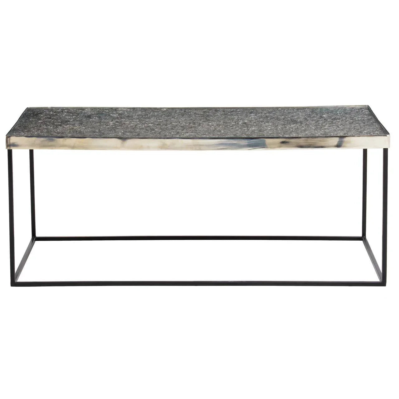 Rectangular marble coffee table with black metal frame and grey textured top, front view