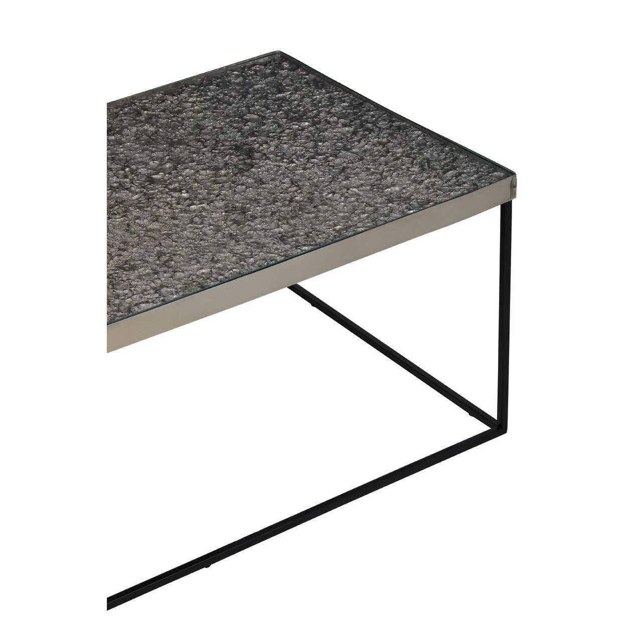Rectangular coffee table with textured grey glass top and slim black metal frame