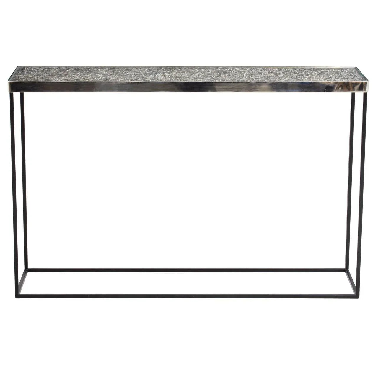 Modern console table with slim black metal frame and textured stone top