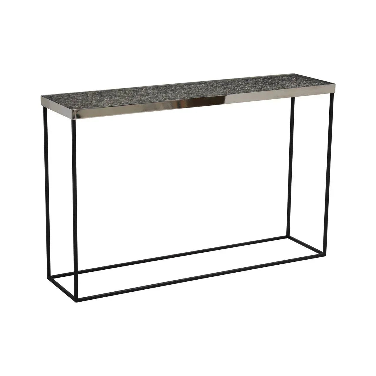 Modern console table with black metal frame and textured dark stone top