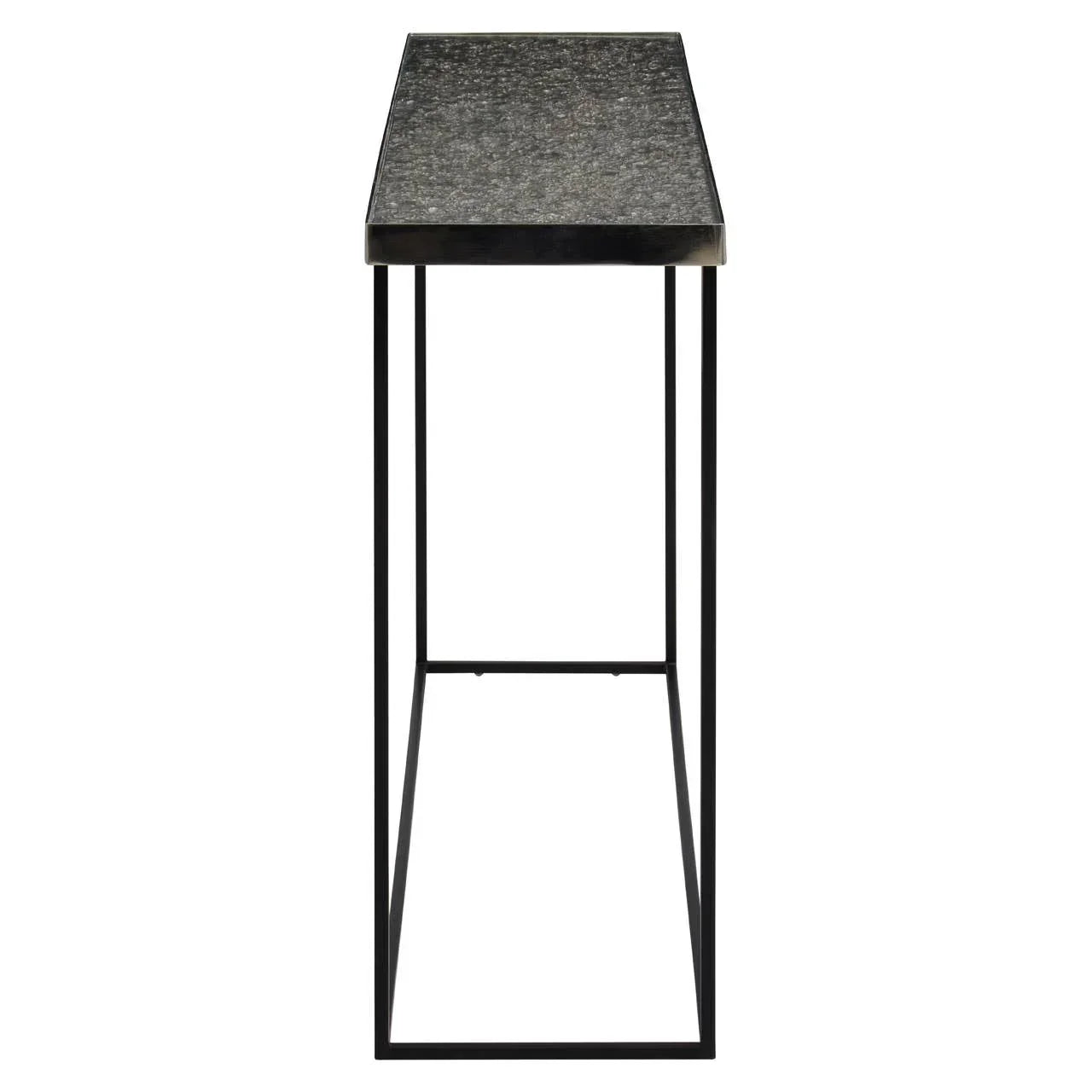 Narrow console table with black marble top and slim black metal frame, side view