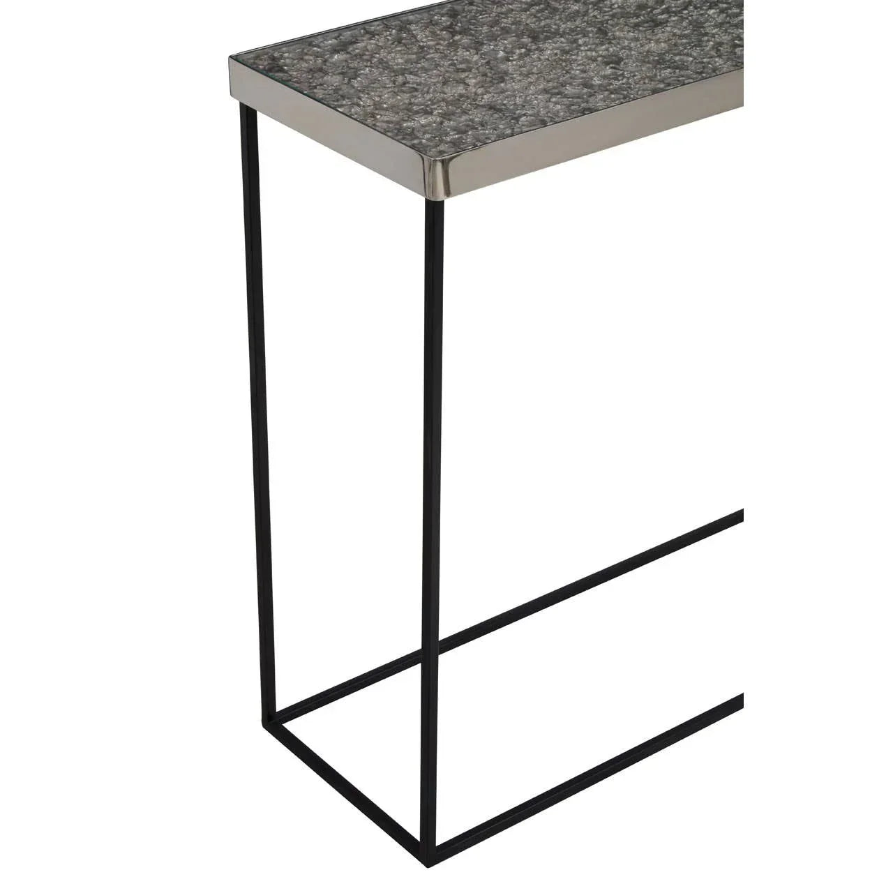 Narrow side table with textured grey stone top and black metal frame