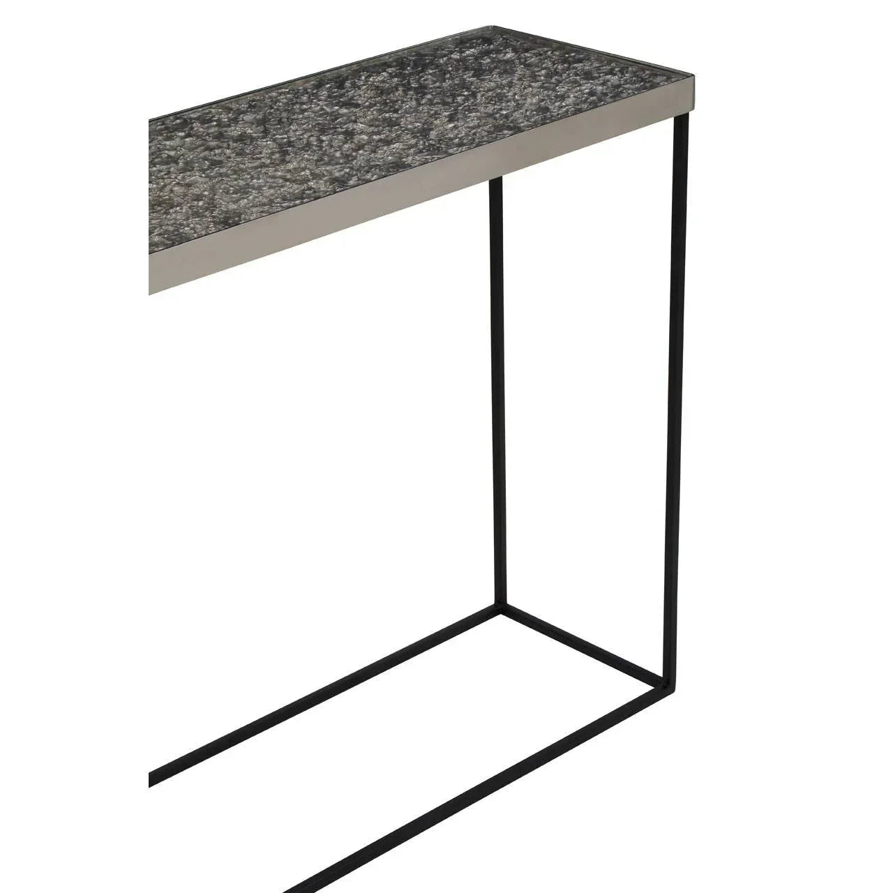 Slim console table with black metal legs and grey stone-effect rectangular top