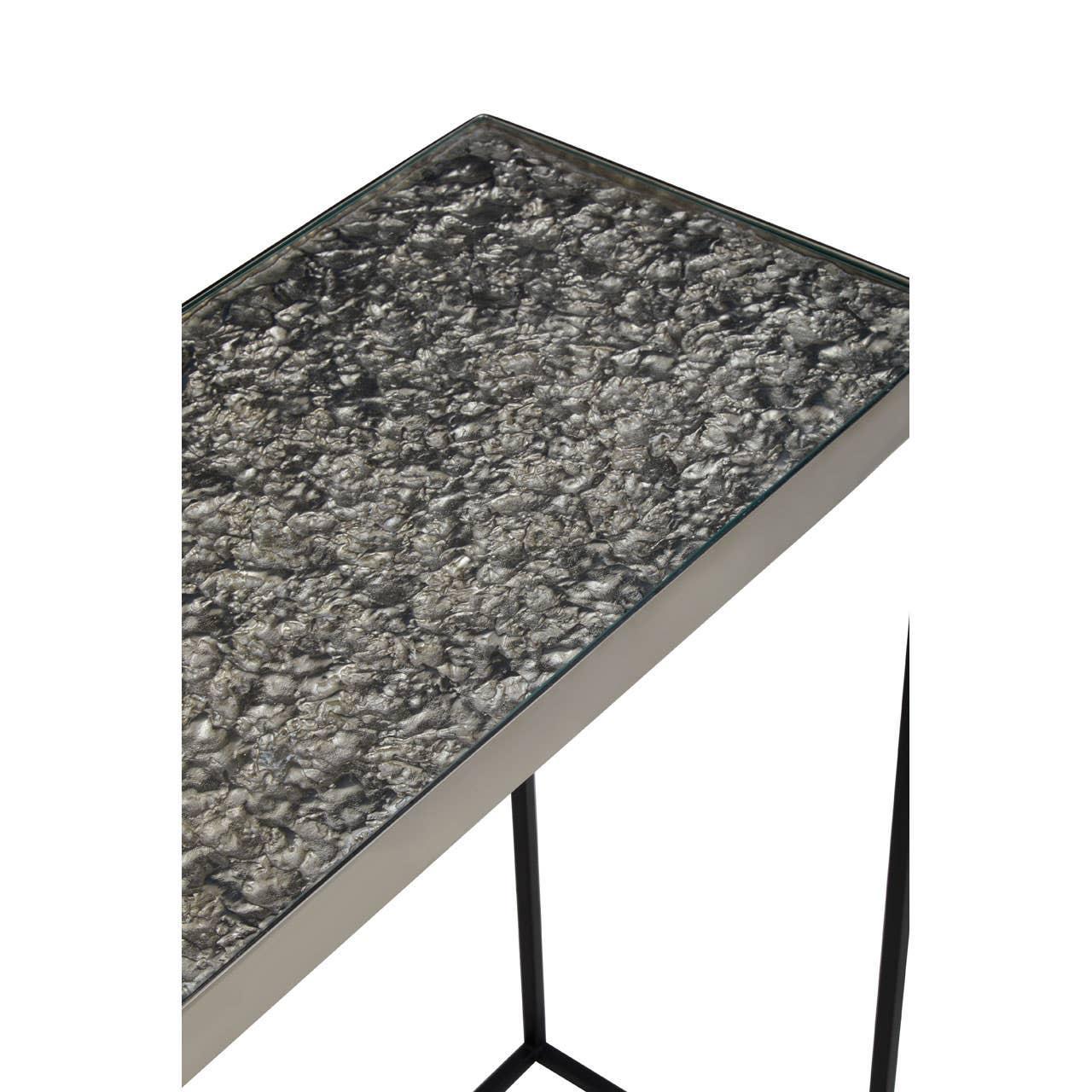 Rectangular side table with textured silver tabletop and slim black metal legs