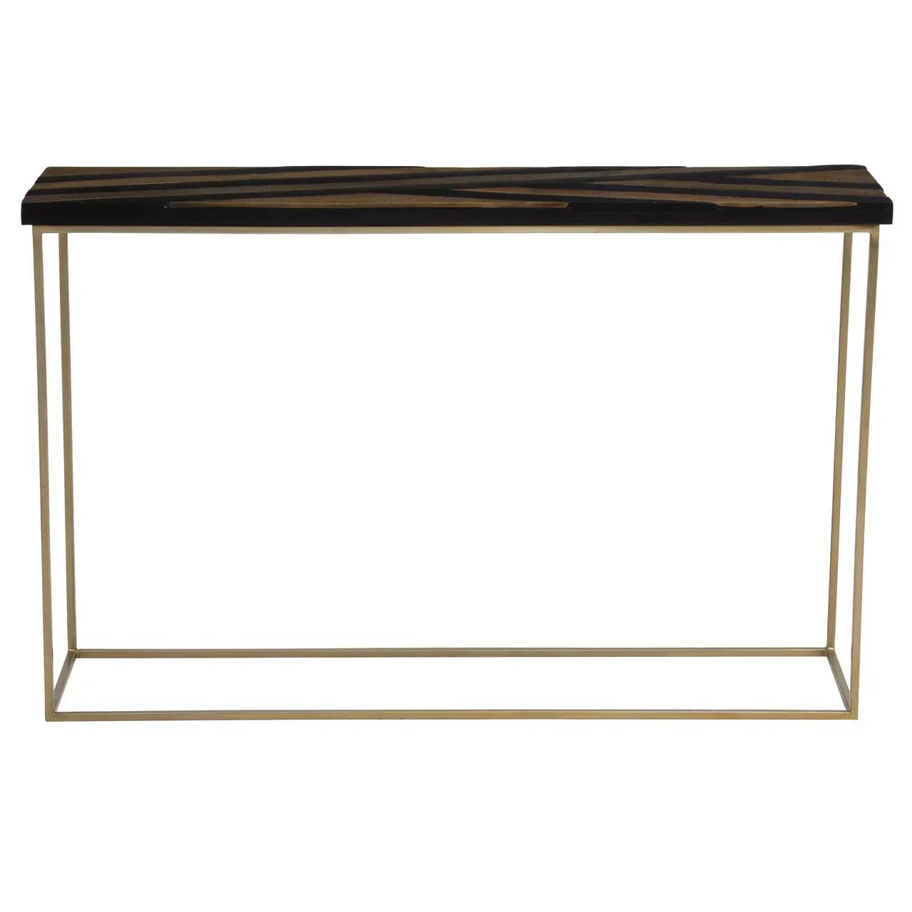 Modern console table with black and gold patterned wood top and slim gold metal frame