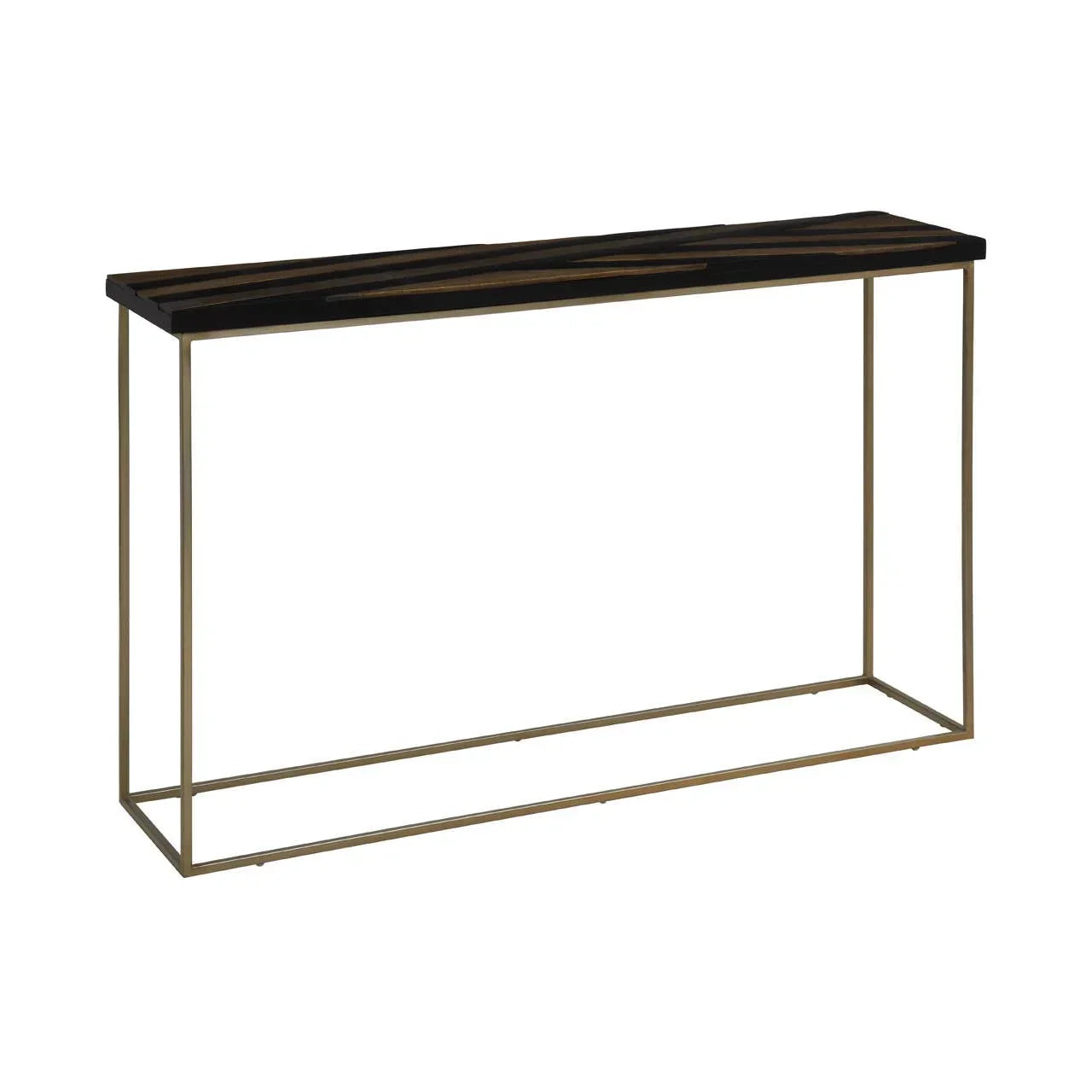 Modern console table with black wood top and slim gold metal frame