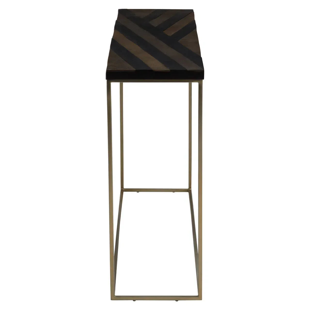 Narrow console table with gold metal frame and geometric wood top, side profile view