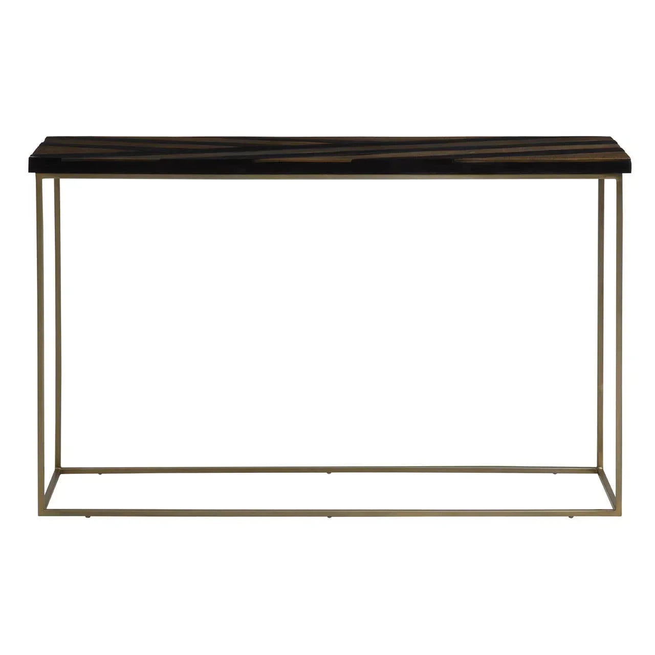 Black wood console table with gold metal frame and slim rectangular design