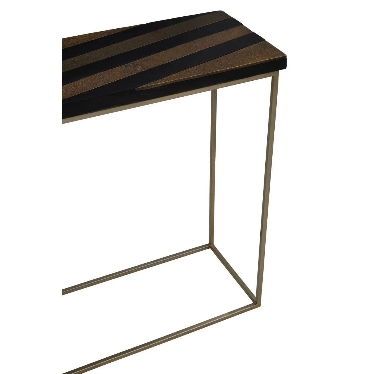 Metal console table with black and gold striped top and slim frame