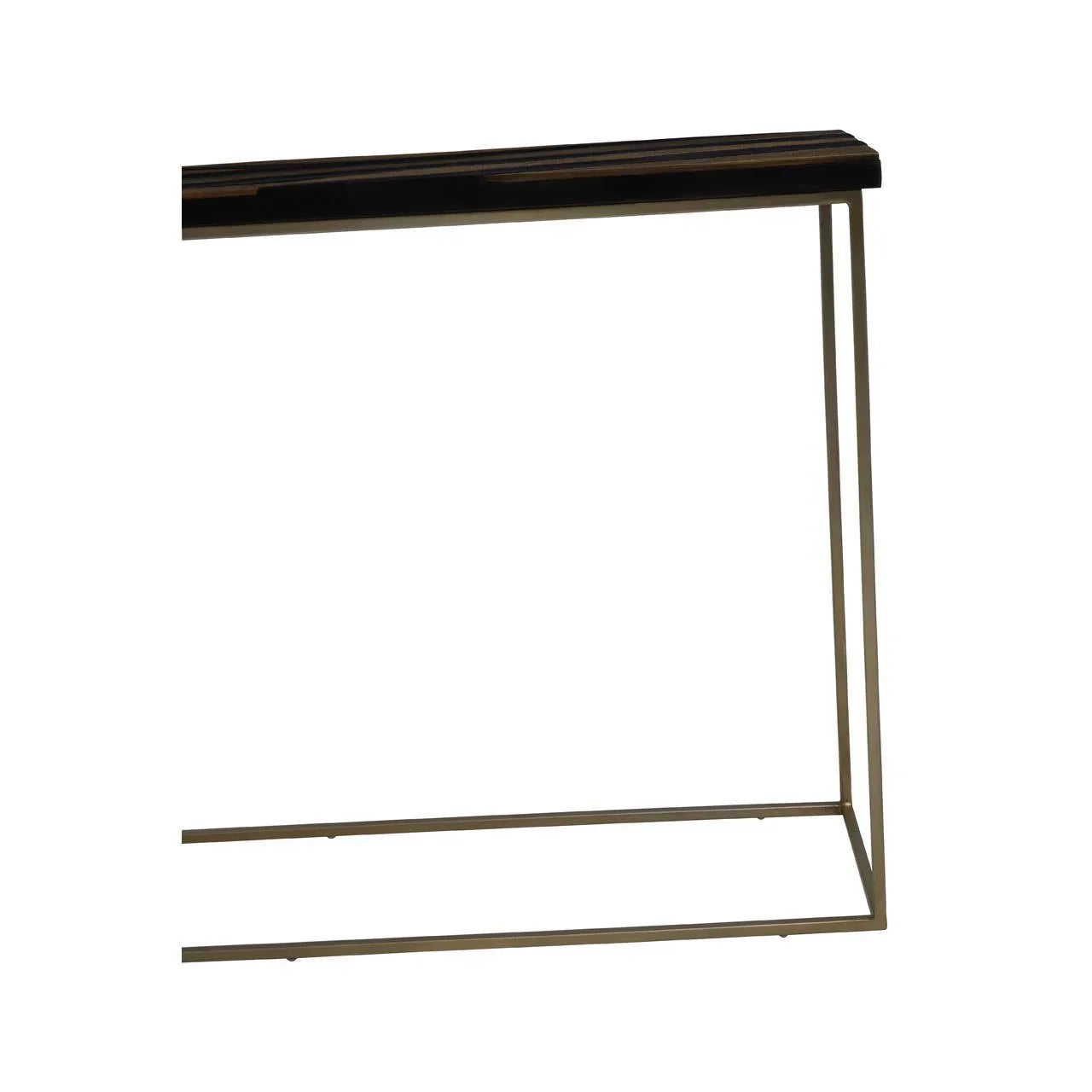 Slim console table with dark wood top and thin gold metal frame, side angle view