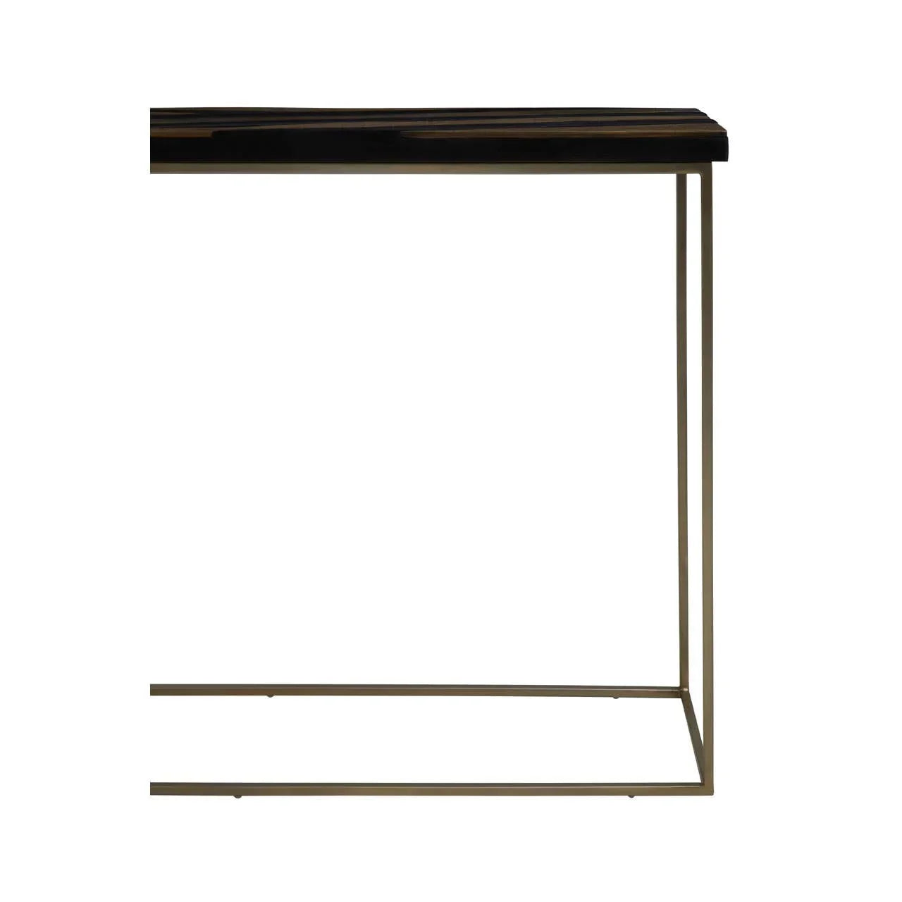 Black console table with slim metal frame and rectangular top, side angle view