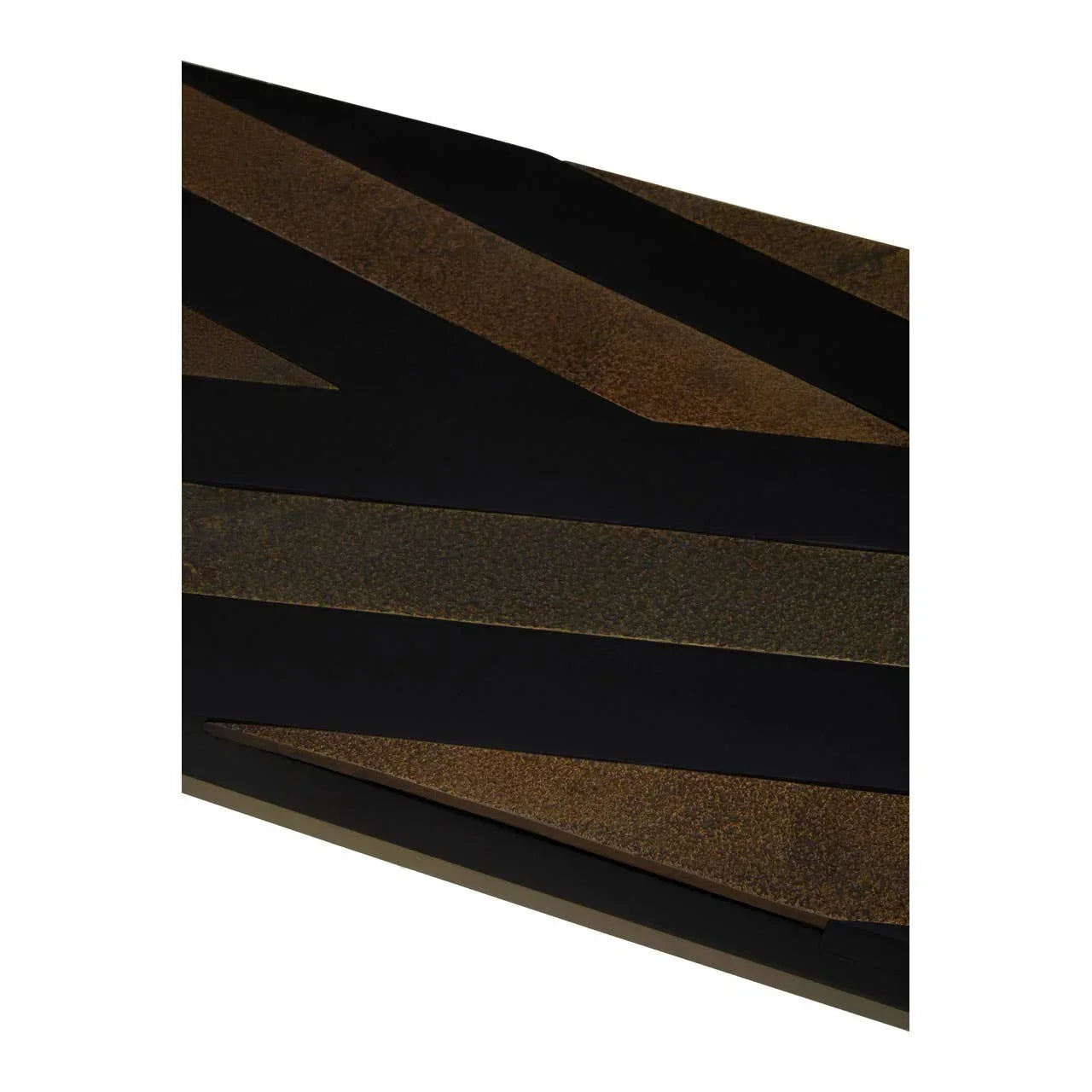 Close up of geometric metal wall art with black and bronze panels
