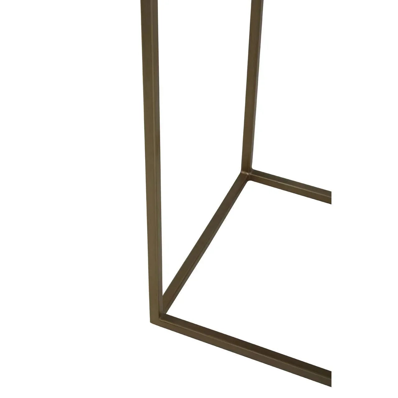 closeup view of metal table frame with square bronze legs
