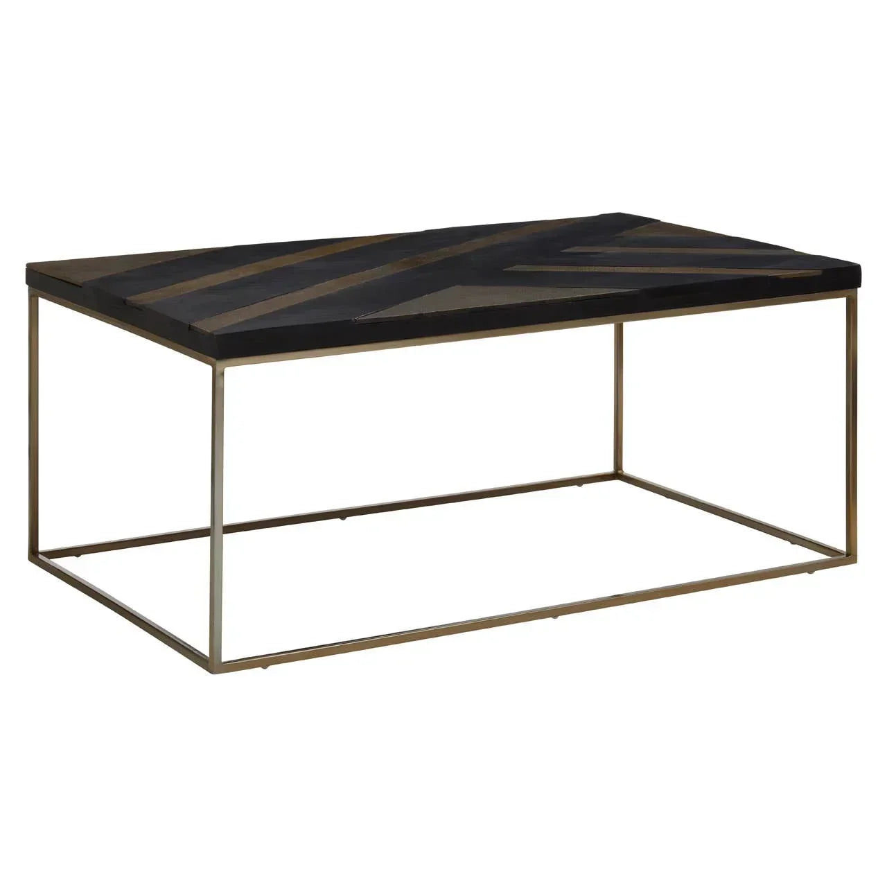 Rectangular coffee table with black wood chevron top and slim gold metal frame
