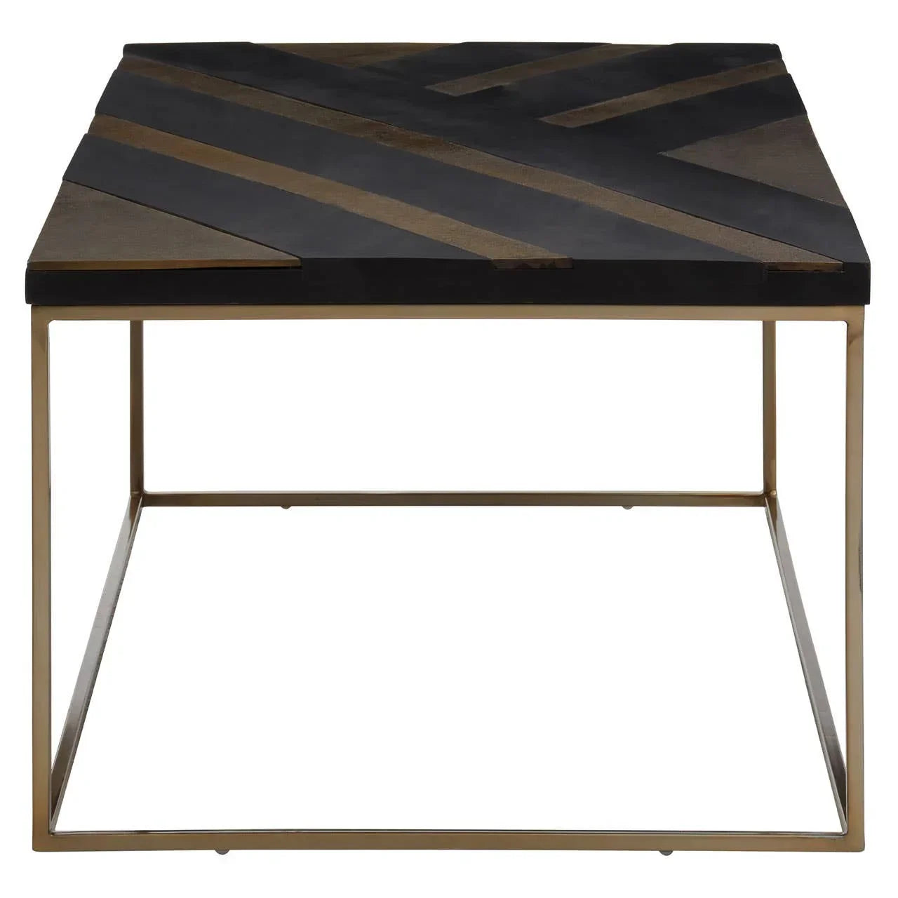 Square coffee table with geometric black and wood top on gold metal base