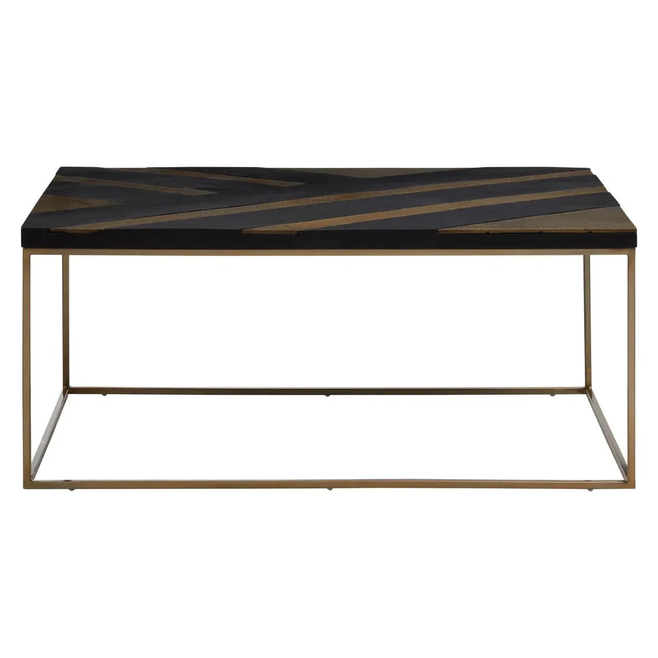 Rectangular coffee table with black and gold geometric top and slim gold metal frame