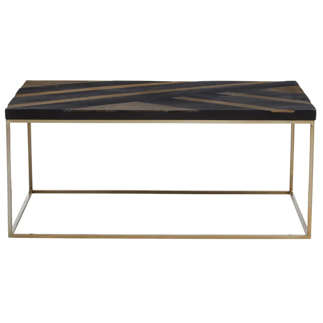 Rectangular coffee table with black and gold geometric wood top and metal frame base