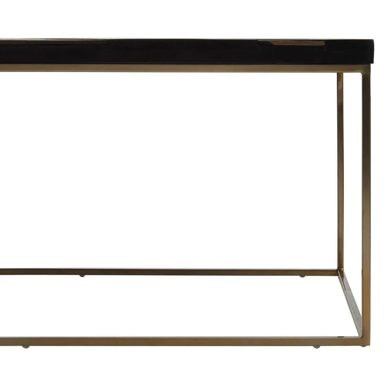 Black console table with gold metal frame and rectangular legs, partial side view