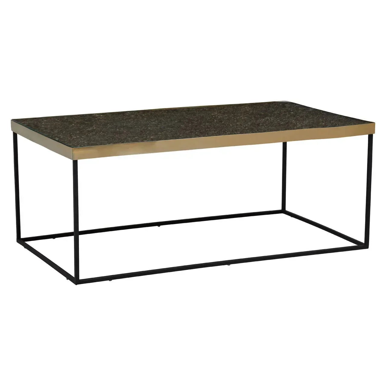 Rectangular coffee table with dark marble top, gold trim, and black metal frame