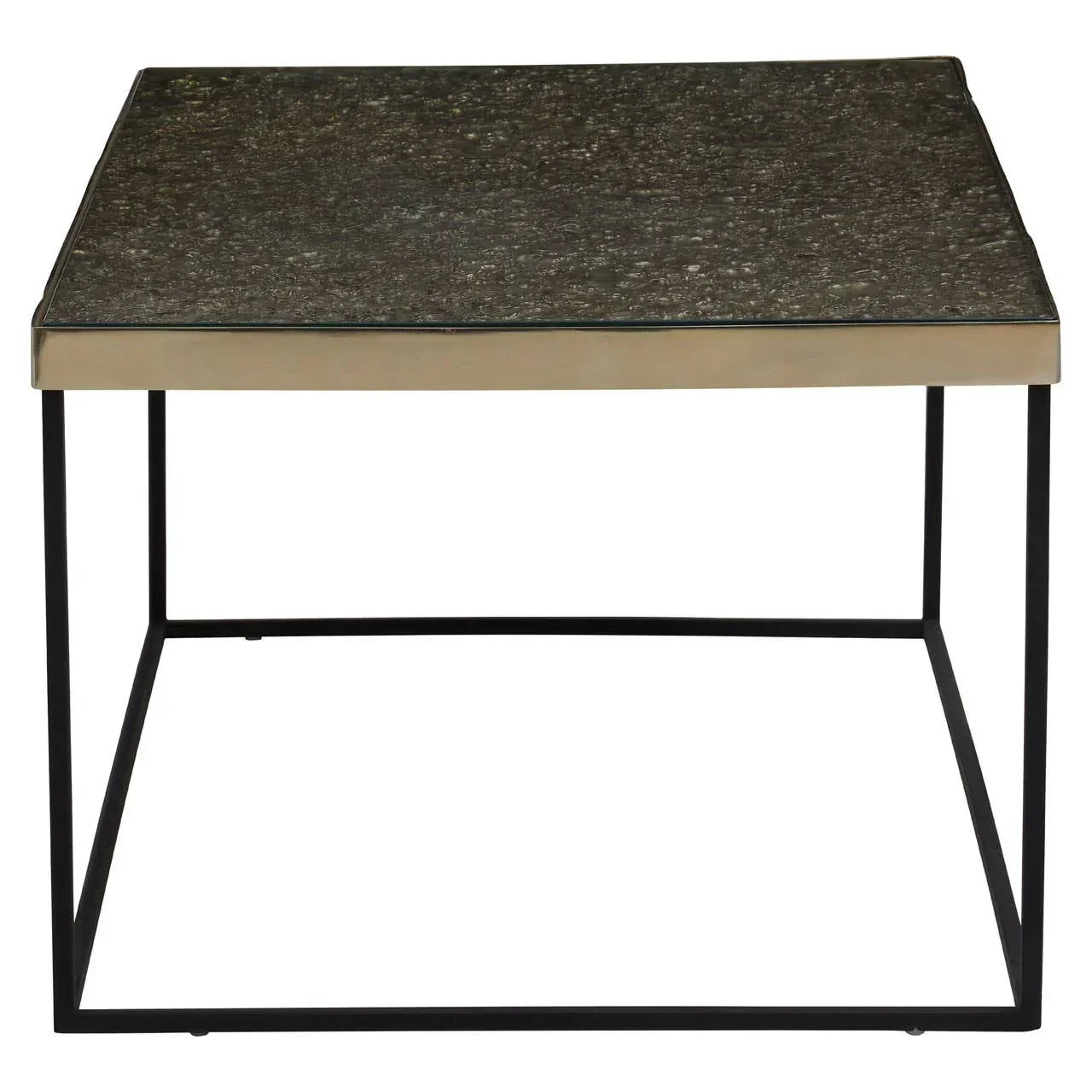Square coffee table with black stone top and slim metal legs