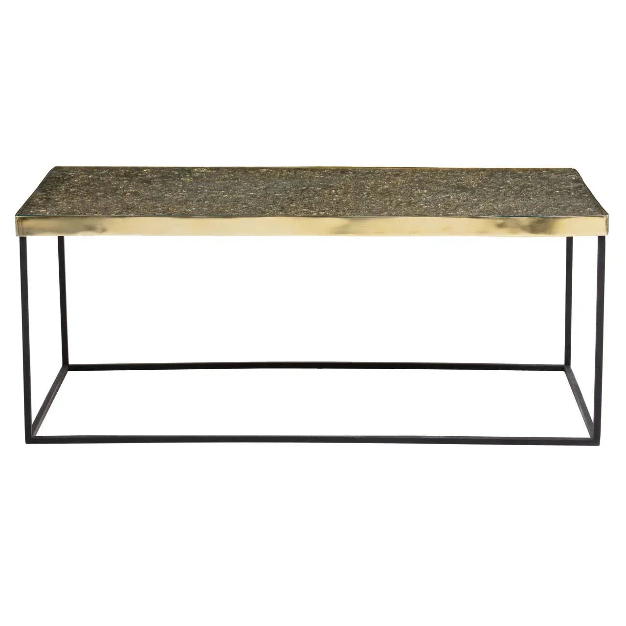 Rectangular coffee table with stone top, gold trim and black metal frame