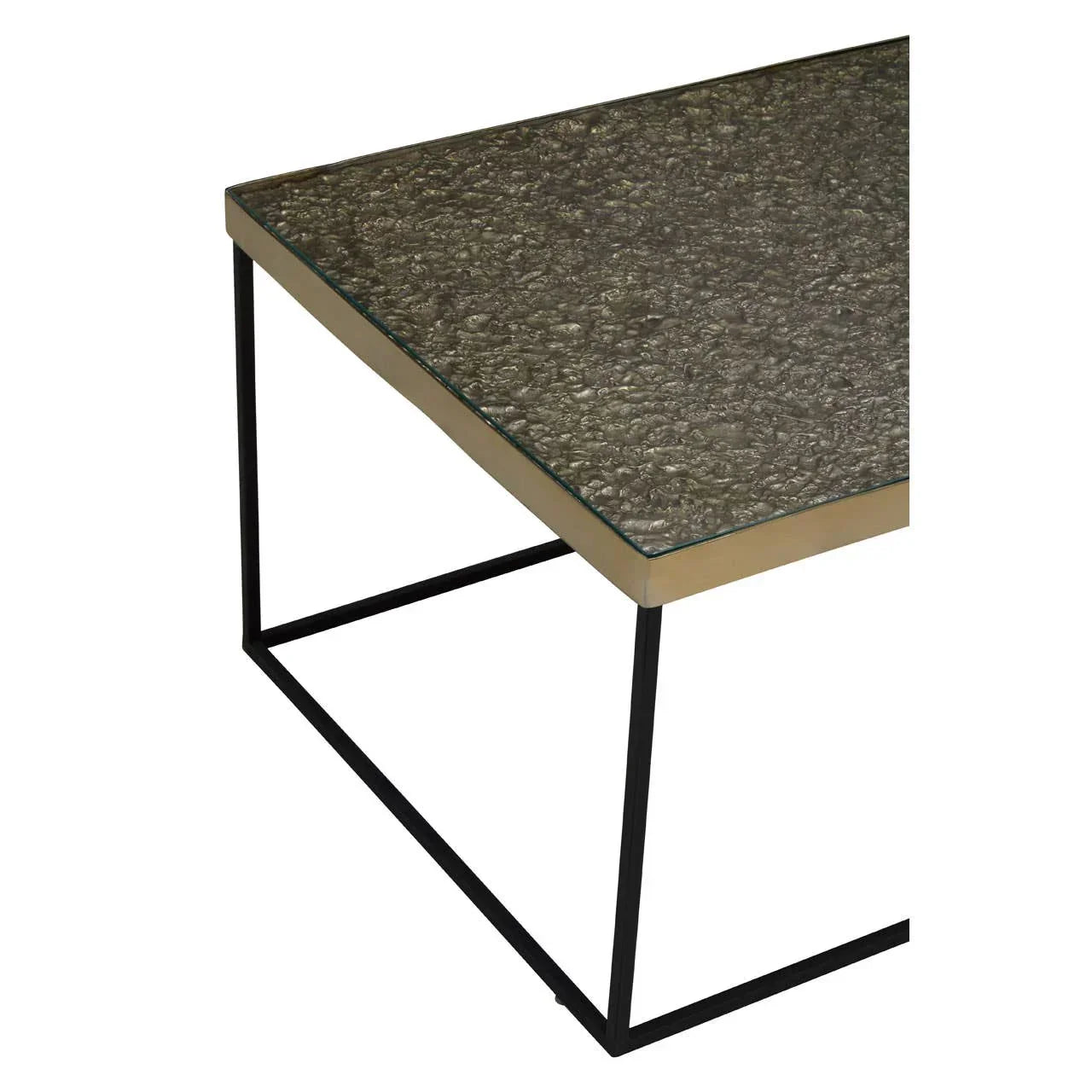 Textured glass top coffee table with black metal frame, corner view