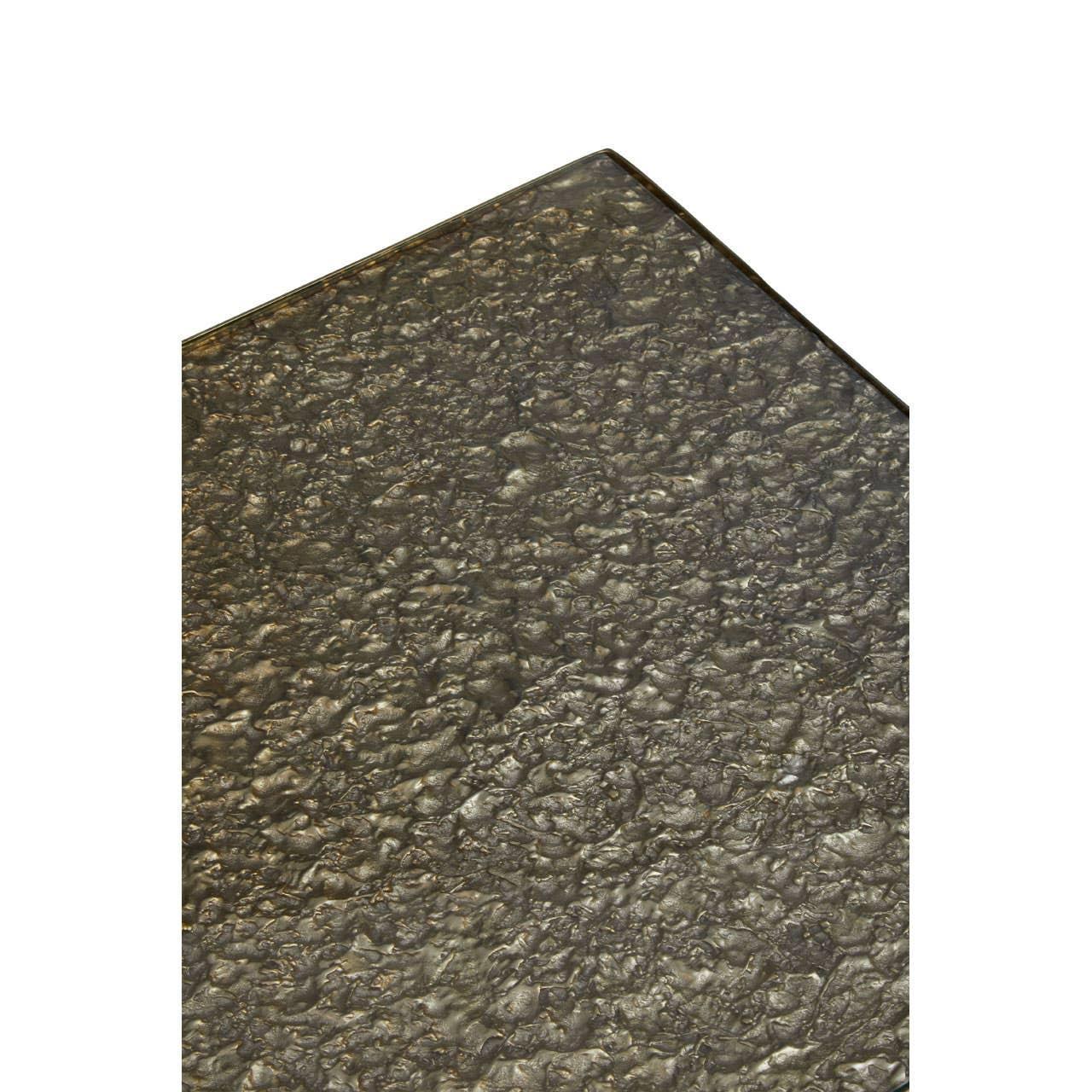 Closeup of textured glass table top with bronze finish beveled edge