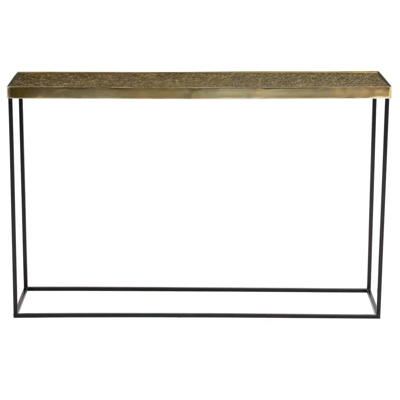 Gold metal console table with slim black frame and textured rectangular top