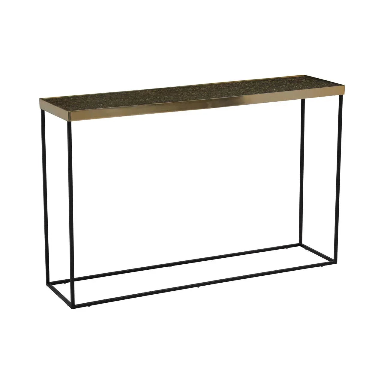 Slim console table with black metal frame and gold trim top, modern hallway furniture