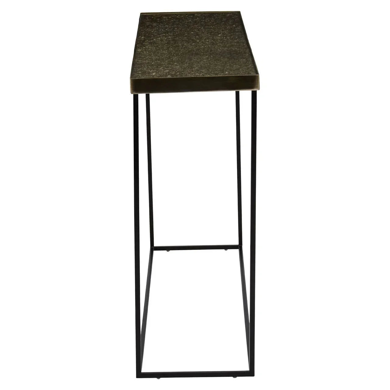 Narrow console table with dark textured top and slim black metal frame, side view