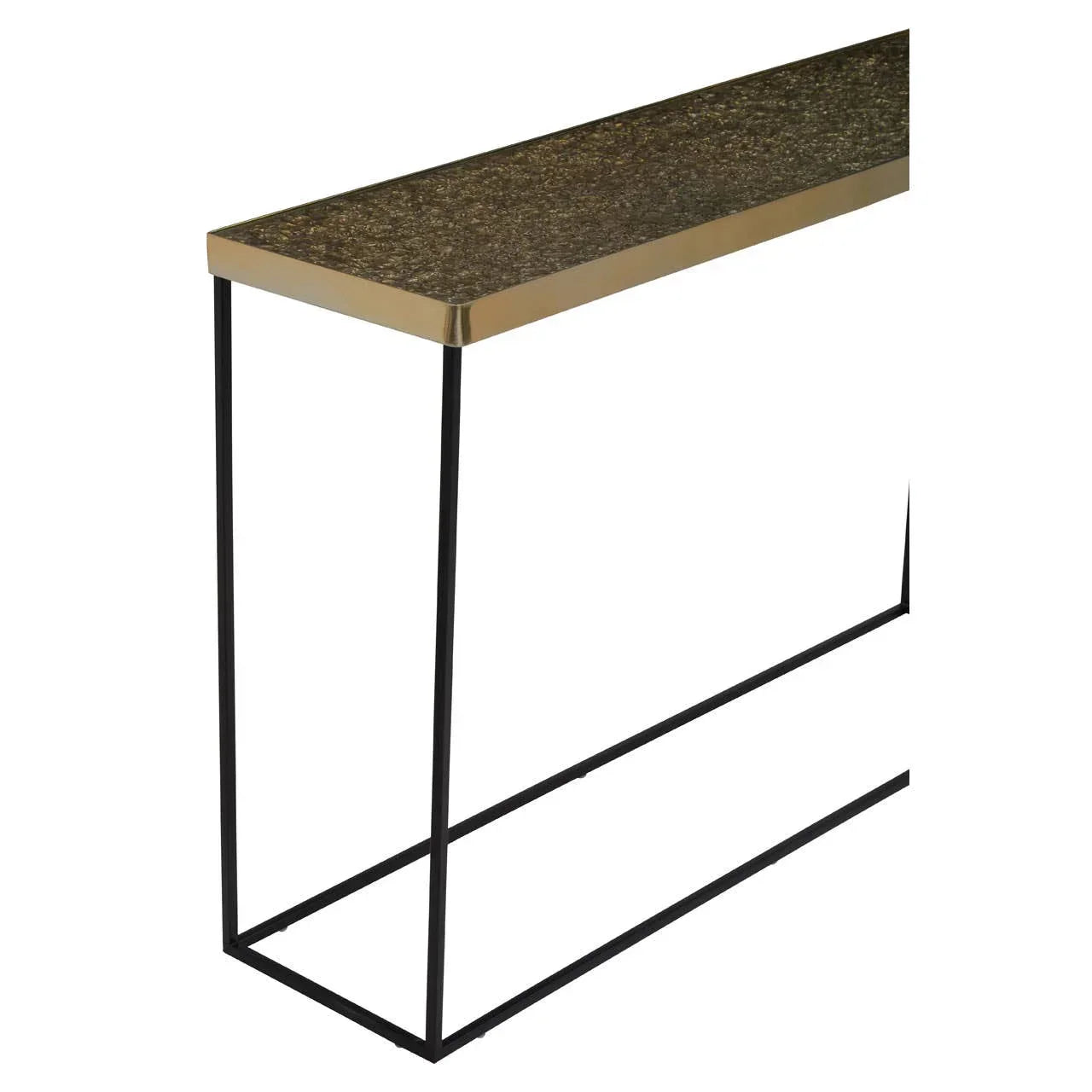 Narrow console table with black metal legs and gold edged dark stone top