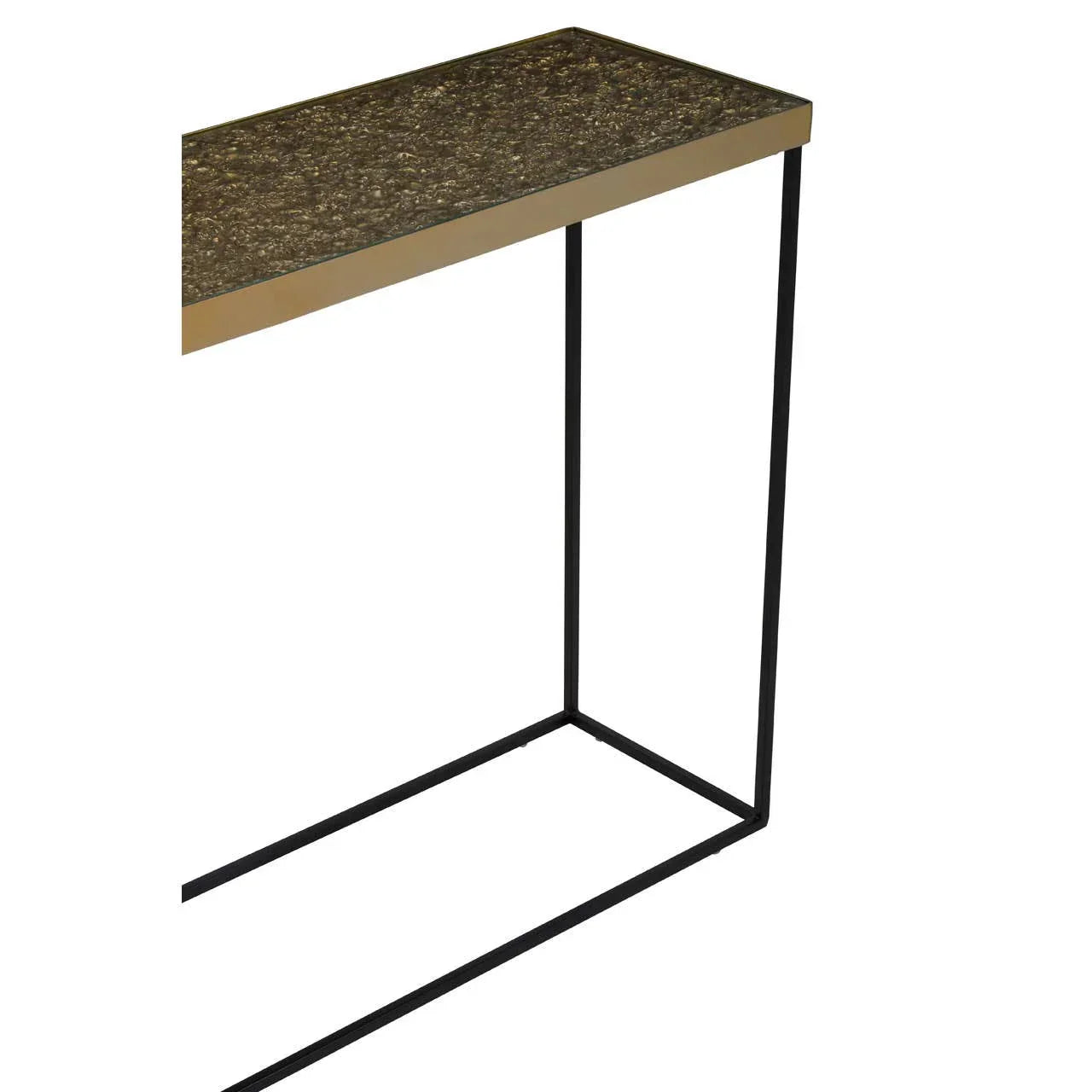 Modern console table with black metal frame and brown marble top, angled side view