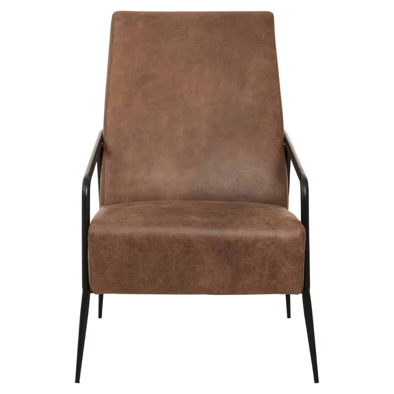 Brown leather accent chair with black metal arms and legs, front view