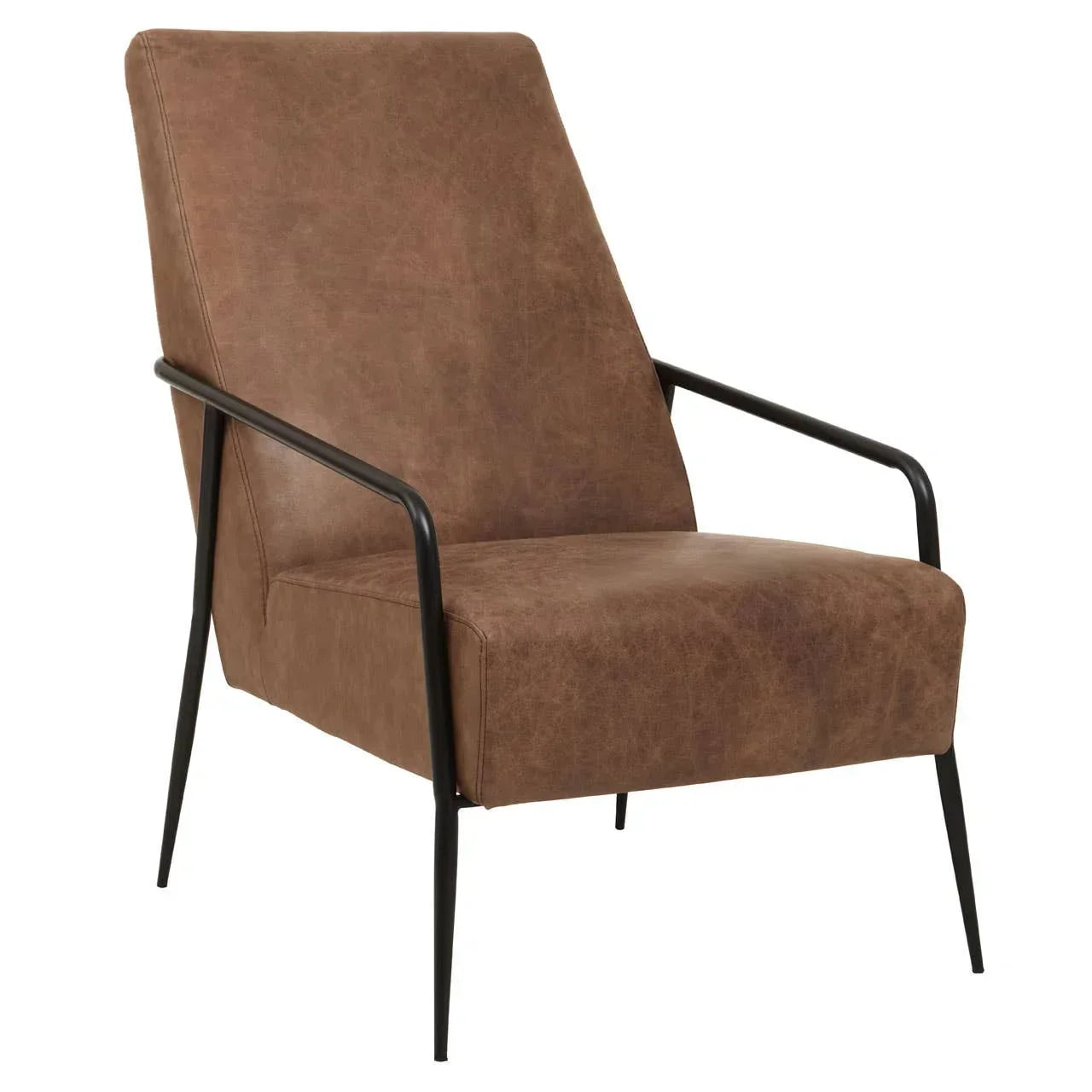 Brown leather accent chair with black metal arms and legs, angled front view